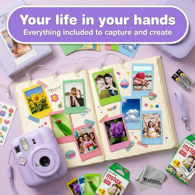 Alt view image 2 of 7 - Instax Mini 13 Purple Instant Camera with 20-Sheet Film Set Includes Instax Mini 13 camera, 20-sheet film, carrying case, photo album, color filters, and assorted photo frames