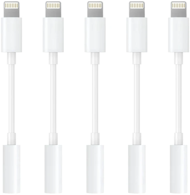 Main image of Apple MFi Certified Lightning to 3.5mm Headphone Jack Adapter -Premium Audio Quality & DAC Chip for Music Listening Car, Gym, Home Office, Compatible with iPhone 14/13/12/11/X/8/7 5Pack (White)