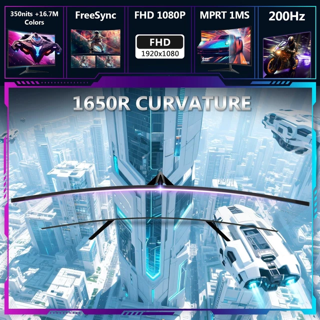 Alt view image 3 of 7 - Z-Edge 24 inch Curved Gaming Monitor, 200Hz 165Hz, 144Hz FHD 1080P Ultra-Fast MPRT 1ms Curved Monitor, 300nits, 16.7M Colors, UG24 1X DP 1.4 Port and 1X 2.0 HDMI Port