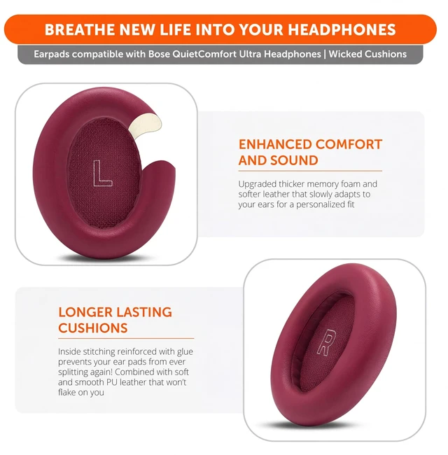 Alt view image 4 of 7 - PadZ QC Ultra - Earpads for Bose QuietComfort Ultra Gen 1 & 2 Made by Wicked Cushions Enhanced Comfort, Thickness & Durability Deep Plum