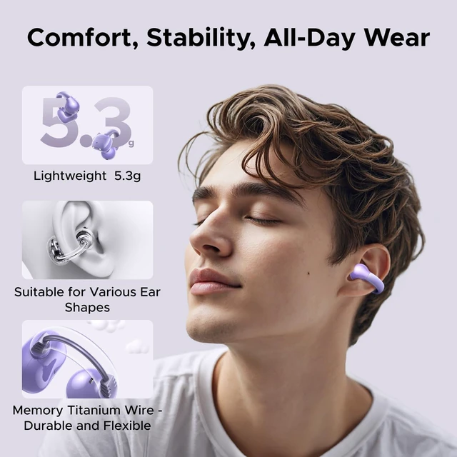 Alt view image 2 of 7 - HiTune S3 Open Ear Earbuds, Bluetooth 5.4, Clip on Earbuds, Purple Lightweight, Comfort, Wireless Headphones ENC Clear Calls, 30H Playtime, IPX5 Waterproof, for Driving Running Workout Cycling