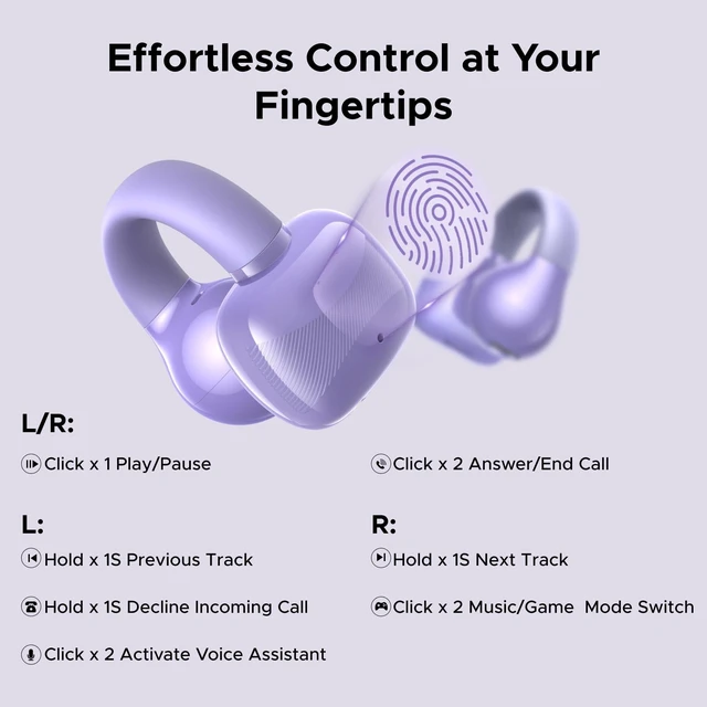 Alt view image 6 of 7 - HiTune S3 Open Ear Earbuds, Bluetooth 5.4, Clip on Earbuds, Purple Lightweight, Comfort, Wireless Headphones ENC Clear Calls, 30H Playtime, IPX5 Waterproof, for Driving Running Workout Cycling
