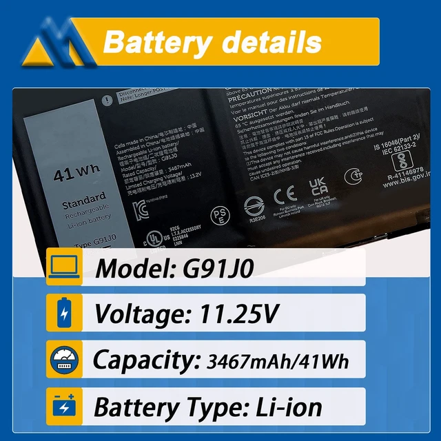 Alt view image 3 of 7 - 41Wh G91J0 Battery Replacement for Dell Latitude 3520 3420 3320 3330 Inspiron 3511 3515 3525 3530 5310 5410 5418 5510 5515 5518 14 Plus 7420 7415 2-in-1 Vostro 5620 5625 11.25V 3467mAh