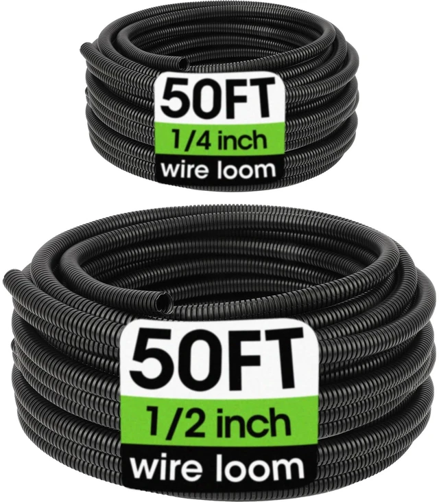 Main image of Wire Loom 1/4", 1/2 Inch x 50 FT, Split Wire Loom Tubing Wire Conduit, Cable Sleeves Bulk Flexible Electrical Conduit Protective kit Black