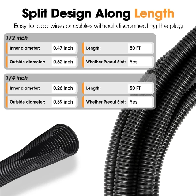 Alt view image 3 of 6 - Wire Loom 1/4", 1/2 Inch x 50 FT, Split Wire Loom Tubing Wire Conduit, Cable Sleeves Bulk Flexible Electrical Conduit Protective kit Black