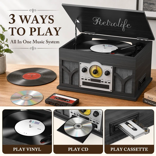 Alt view image 3 of 7 - 10-in-1 Record Player with Built-in Speakers Wireless Playback, CD & Cassette Player, USB Player, AM/FM Radio, 3 Speeds Turntable Vinyl Record Player, Black