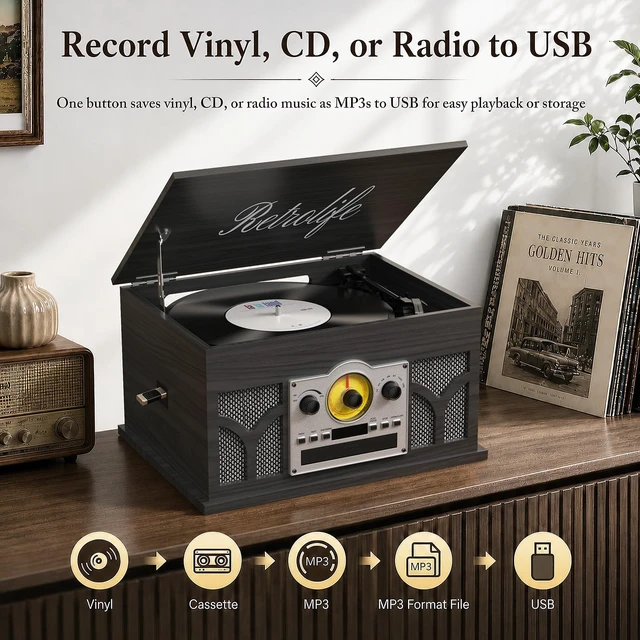 Alt view image 5 of 7 - 10-in-1 Record Player with Built-in Speakers Wireless Playback, CD & Cassette Player, USB Player, AM/FM Radio, 3 Speeds Turntable Vinyl Record Player, Black