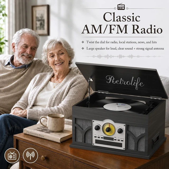 Alt view image 7 of 7 - 10-in-1 Record Player with Built-in Speakers Wireless Playback, CD & Cassette Player, USB Player, AM/FM Radio, 3 Speeds Turntable Vinyl Record Player, Black