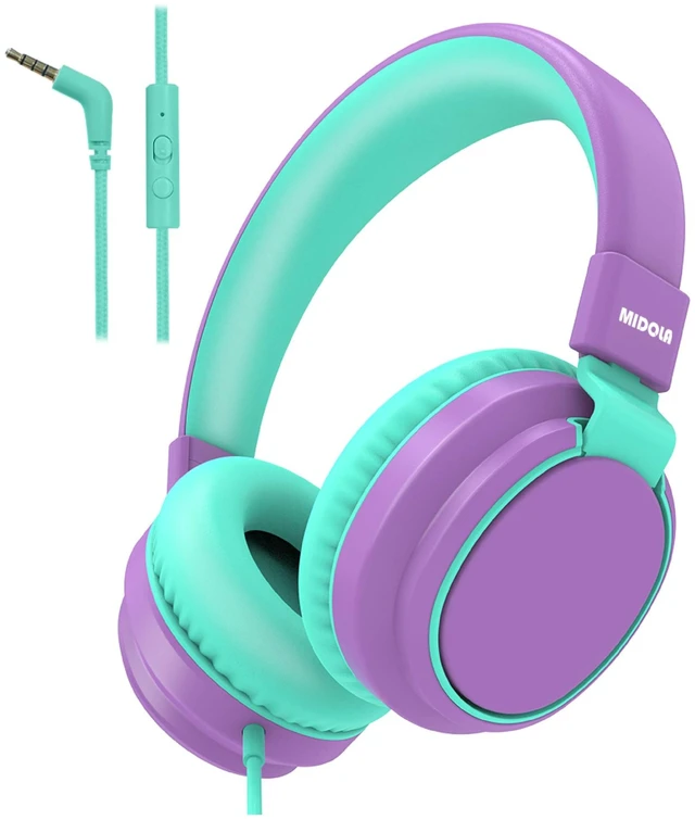 Main image of Wired Kids Headphones for School with Cord Mic,Safe Volume Limit 85/94dB Adjustable Headband Foldable Over-Ear Lightweight for Toddler Girls Boys Travel/Tablet/iPad,HD Stereo Sound,3.5mm,Purple