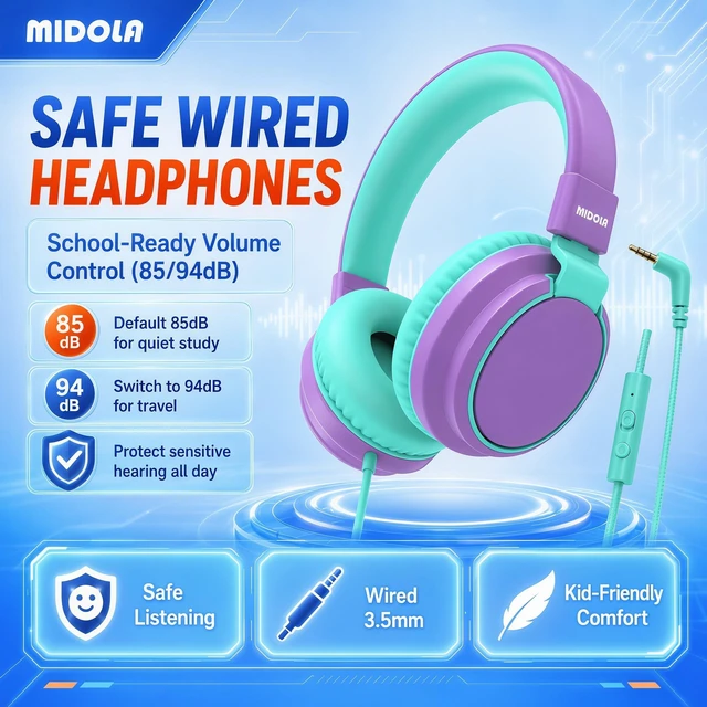 Alt view image 2 of 7 - Wired Kids Headphones for School with Cord Mic,Safe Volume Limit 85/94dB Adjustable Headband Foldable Over-Ear Lightweight for Toddler Girls Boys Travel/Tablet/iPad,HD Stereo Sound,3.5mm,Purple