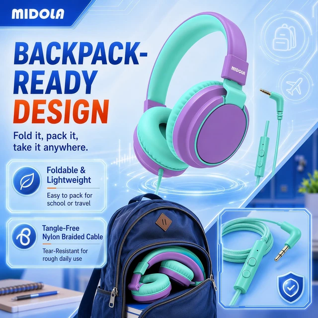 Alt view image 4 of 7 - Wired Kids Headphones for School with Cord Mic,Safe Volume Limit 85/94dB Adjustable Headband Foldable Over-Ear Lightweight for Toddler Girls Boys Travel/Tablet/iPad,HD Stereo Sound,3.5mm,Purple