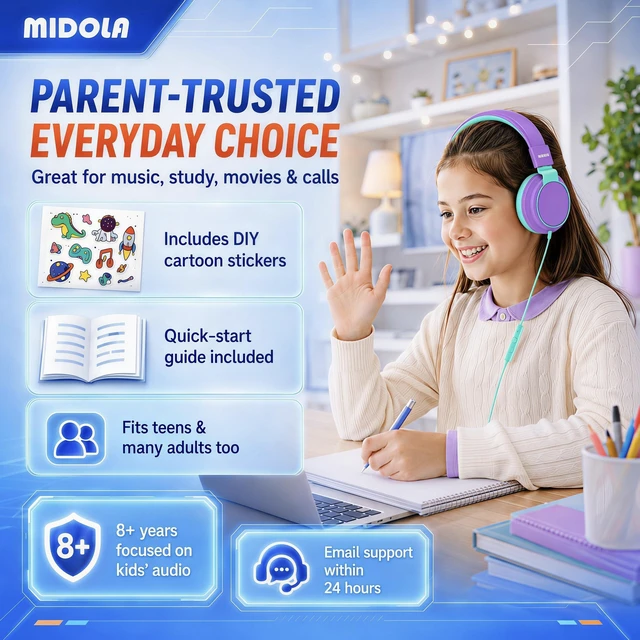 Alt view image 3 of 7 - Wired Kids Headphones for School with Cord Mic,Safe Volume Limit 85/94dB Adjustable Headband Foldable Over-Ear Lightweight for Toddler Girls Boys Travel/Tablet/iPad,HD Stereo Sound,3.5mm,Purple