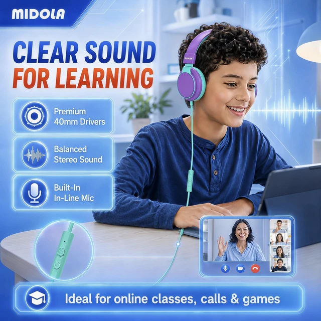 Alt view image 5 of 7 - Wired Kids Headphones for School with Cord Mic,Safe Volume Limit 85/94dB Adjustable Headband Foldable Over-Ear Lightweight for Toddler Girls Boys Travel/Tablet/iPad,HD Stereo Sound,3.5mm,Purple