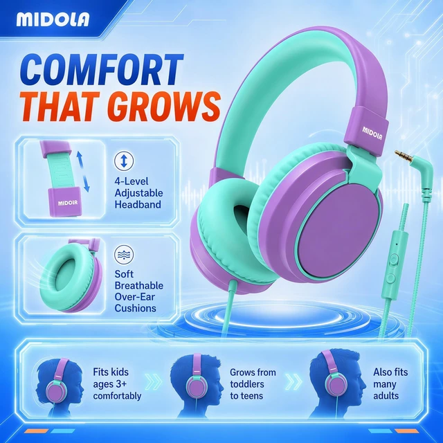 Alt view image 7 of 7 - Wired Kids Headphones for School with Cord Mic,Safe Volume Limit 85/94dB Adjustable Headband Foldable Over-Ear Lightweight for Toddler Girls Boys Travel/Tablet/iPad,HD Stereo Sound,3.5mm,Purple
