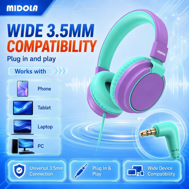 Alt view image 6 of 7 - Wired Kids Headphones for School with Cord Mic,Safe Volume Limit 85/94dB Adjustable Headband Foldable Over-Ear Lightweight for Toddler Girls Boys Travel/Tablet/iPad,HD Stereo Sound,3.5mm,Purple