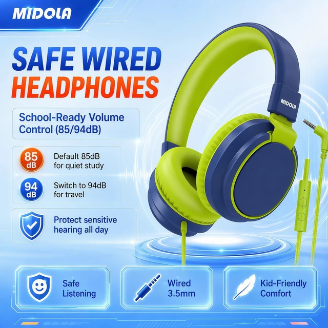 Alt view image 2 of 7 - Wired Kids Headphones for School with Cord Mic,Safe Volume Limit 85/94dB Adjustable Headband Foldable Over-Ear Lightweight for Toddler Girls Boys Travel/Tablet/iPad,HD Stereo Sound,3.5mm,D-Blue