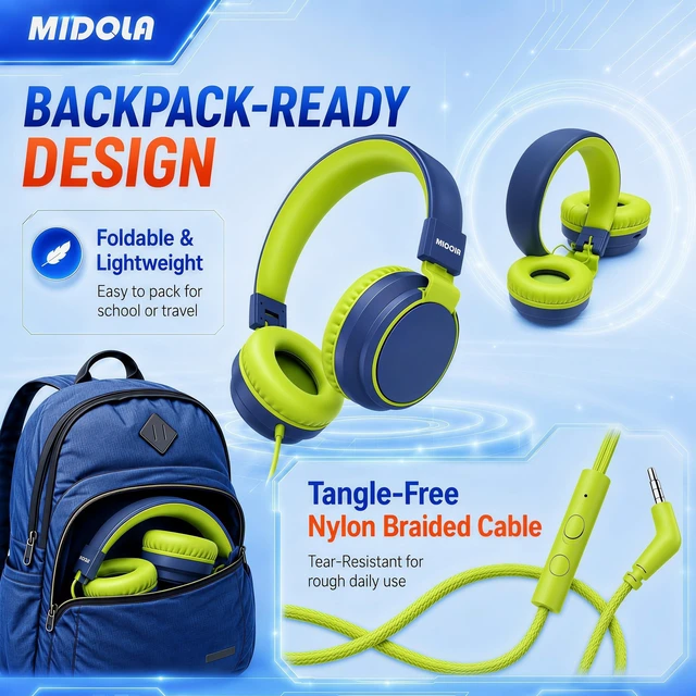 Alt view image 4 of 7 - Wired Kids Headphones for School with Cord Mic,Safe Volume Limit 85/94dB Adjustable Headband Foldable Over-Ear Lightweight for Toddler Girls Boys Travel/Tablet/iPad,HD Stereo Sound,3.5mm,D-Blue