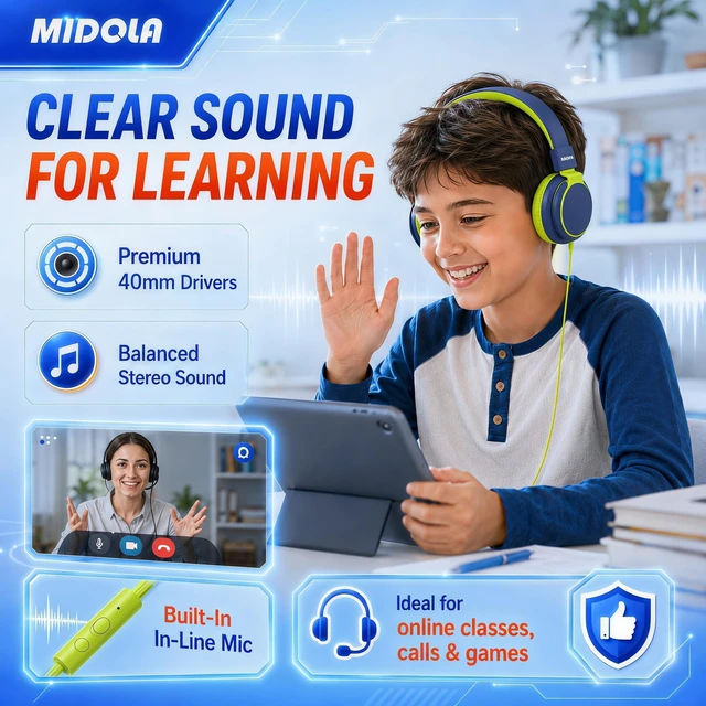 Alt view image 3 of 7 - Wired Kids Headphones for School with Cord Mic,Safe Volume Limit 85/94dB Adjustable Headband Foldable Over-Ear Lightweight for Toddler Girls Boys Travel/Tablet/iPad,HD Stereo Sound,3.5mm,D-Blue