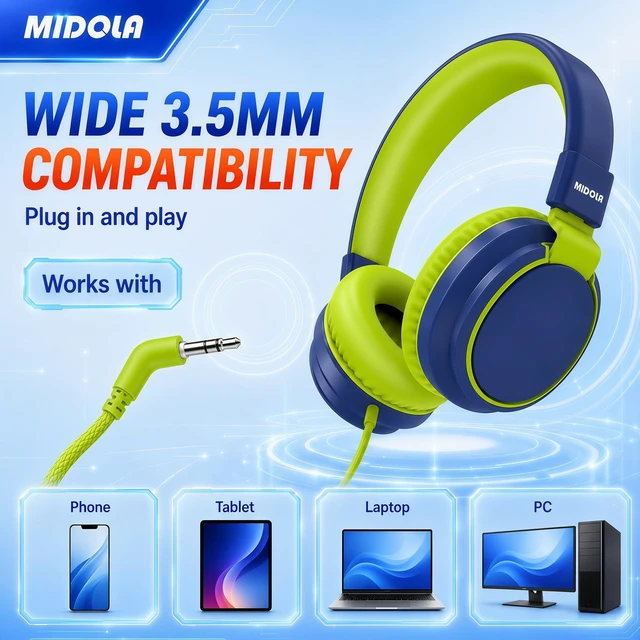 Alt view image 6 of 7 - Wired Kids Headphones for School with Cord Mic,Safe Volume Limit 85/94dB Adjustable Headband Foldable Over-Ear Lightweight for Toddler Girls Boys Travel/Tablet/iPad,HD Stereo Sound,3.5mm,D-Blue