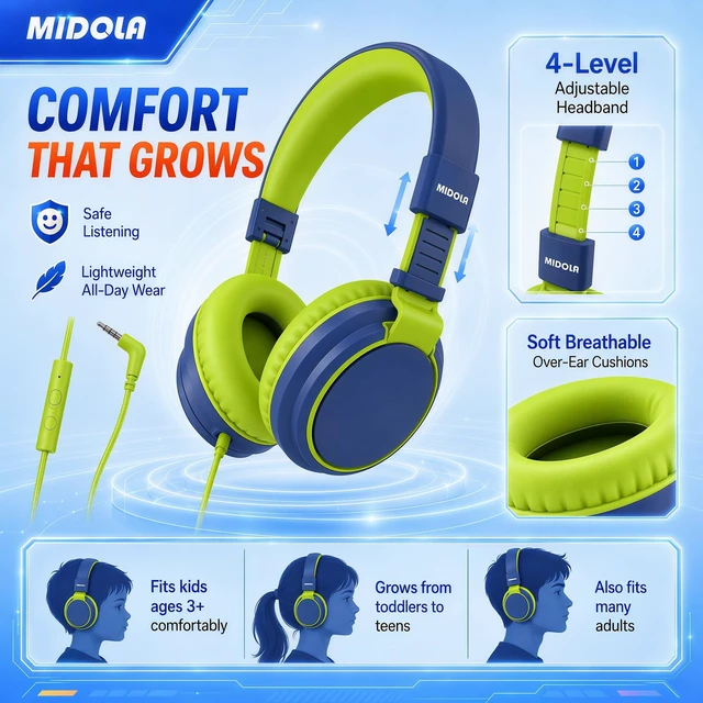 Alt view image 7 of 7 - Wired Kids Headphones for School with Cord Mic,Safe Volume Limit 85/94dB Adjustable Headband Foldable Over-Ear Lightweight for Toddler Girls Boys Travel/Tablet/iPad,HD Stereo Sound,3.5mm,D-Blue