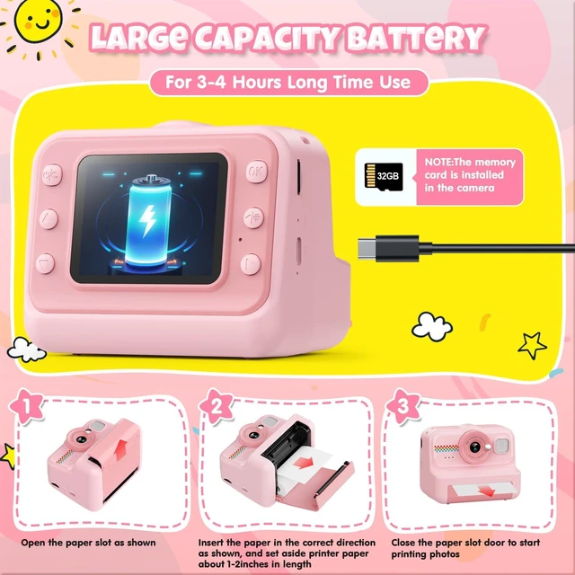 Alt view image 7 of 7 - Kids Camera Instant Print, 1080P HD Instant Print Camera for Kids with 3 Rolls Print Paper & 32GB Card, Selfie Digital Camera for Kid, Ideal Kid Toys Gifts for Boys & Girls Age 3-14 (Pink)