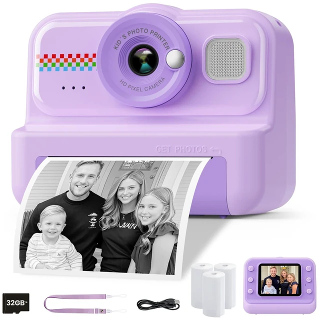 Main image of Kids Camera Instant Print, 1080P HD Instant Print Camera for Kids with 3 Rolls Print Paper & 32GB Card, Selfie Digital Camera for Kid, Ideal Kid Toys Gifts for Boys & Girls Age 3-14 (Purple)