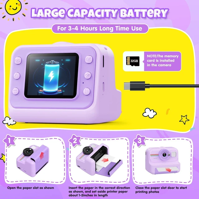 Alt view image 7 of 7 - Kids Camera Instant Print, 1080P HD Instant Print Camera for Kids with 3 Rolls Print Paper & 32GB Card, Selfie Digital Camera for Kid, Ideal Kid Toys Gifts for Boys & Girls Age 3-14 (Purple)