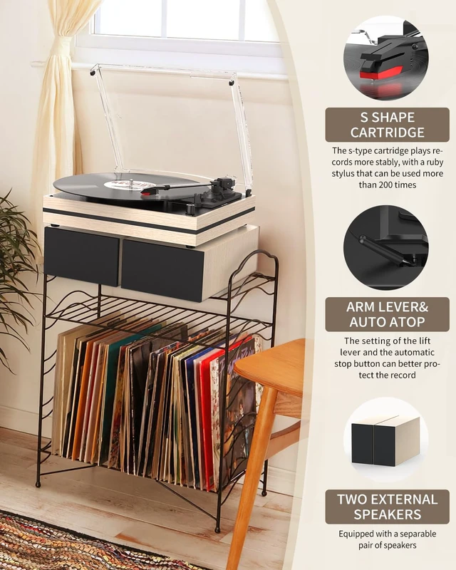 Alt view image 2 of 7 - ® Vinyl Record Player with Two External Speakers,White Wooden Belt-Drive Turntable,Dual Stereo Bookshelf Speakers,LP Players,3 Speed,BT Wireless Input,AUX,Headphone,Auto Stop,Retro Style