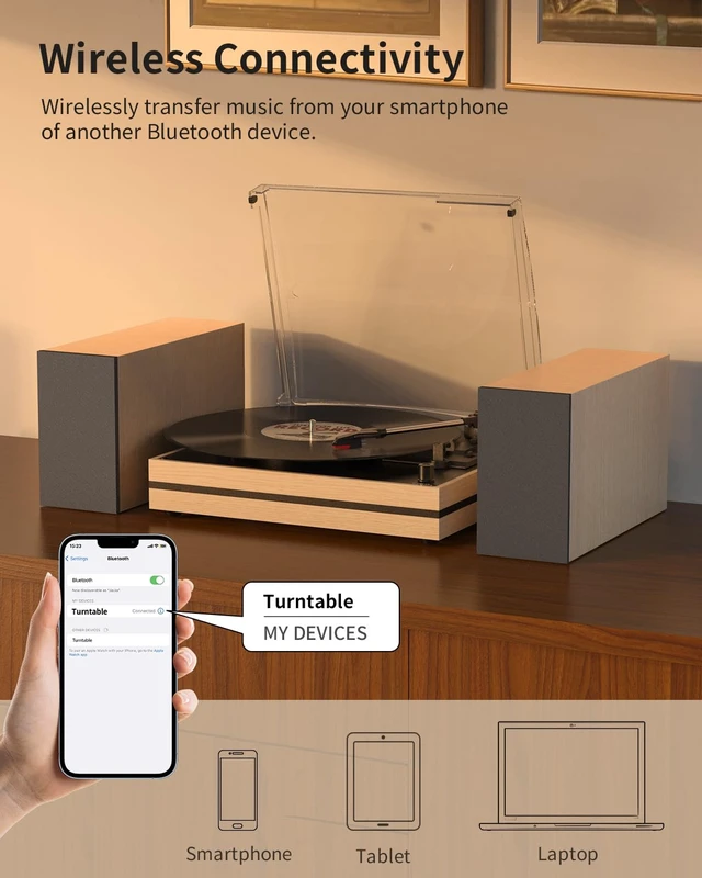 Alt view image 5 of 7 - ® Vinyl Record Player with Two External Speakers,White Wooden Belt-Drive Turntable,Dual Stereo Bookshelf Speakers,LP Players,3 Speed,BT Wireless Input,AUX,Headphone,Auto Stop,Retro Style