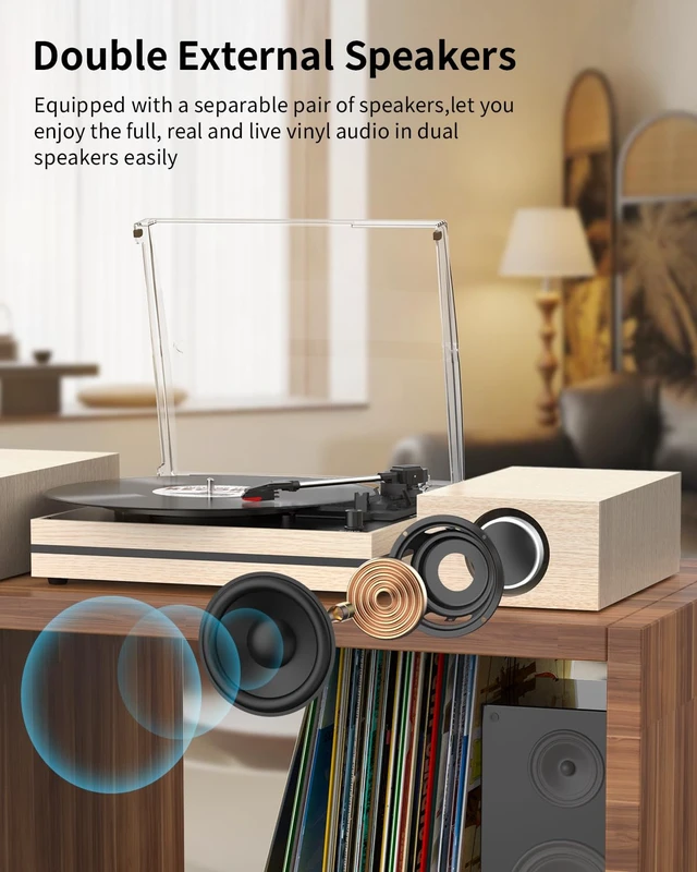Alt view image 4 of 7 - ® Vinyl Record Player with Two External Speakers,White Wooden Belt-Drive Turntable,Dual Stereo Bookshelf Speakers,LP Players,3 Speed,BT Wireless Input,AUX,Headphone,Auto Stop,Retro Style