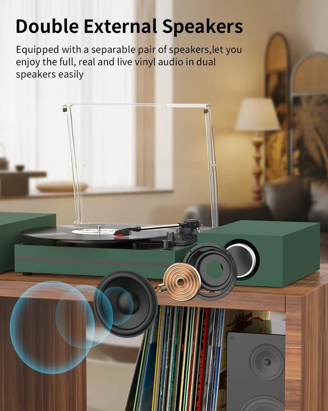 Alt view image 2 of 7 - ® Record Player for Vinyl with External Speakers,Green Stylish Belt-Drive Turntable,Dual Stereo Bookshelf Speakers,LP Players,3 Speed,BT Wireless Input,AUX,Headphone,Auto Stop,Modern Style