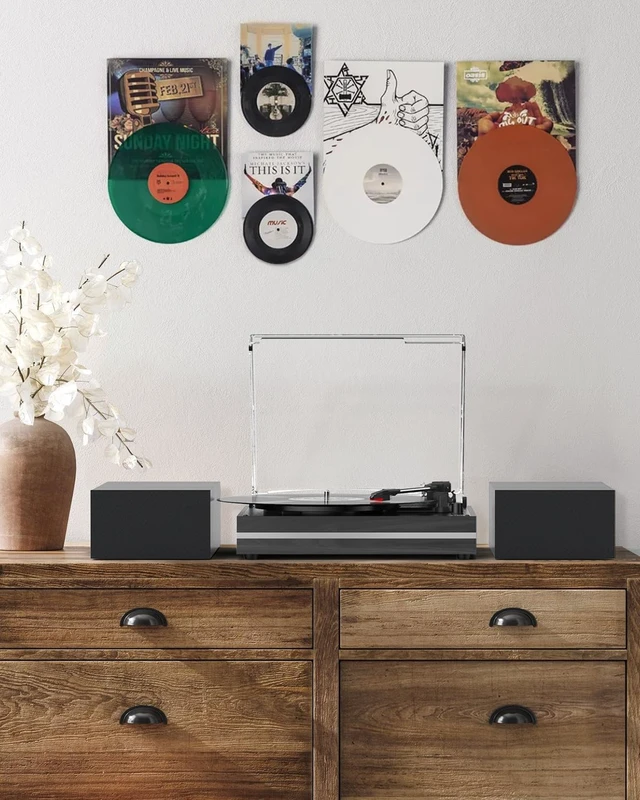 Alt view image 5 of 7 - ® Vintage Vinyl Record Player with 2 External Speakers,Wood Black Belt-Drive Turntable,Dual Stereo Bookshelf Speakers,LP Players,3 Speed,BT Wireless Input,AUX,Headphone,Auto Stop,Retro Style