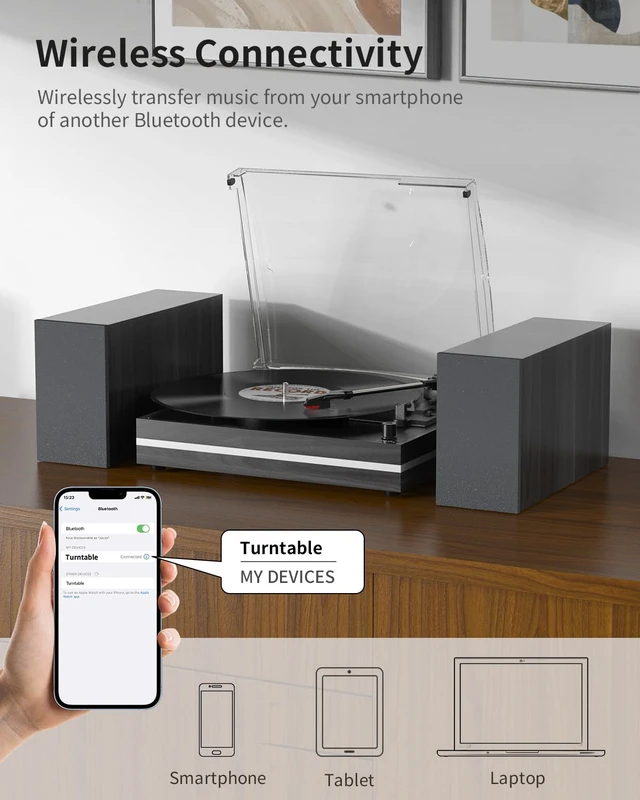 Alt view image 6 of 7 - ® Vintage Vinyl Record Player with 2 External Speakers,Wood Black Belt-Drive Turntable,Dual Stereo Bookshelf Speakers,LP Players,3 Speed,BT Wireless Input,AUX,Headphone,Auto Stop,Retro Style