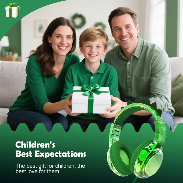 Alt view image 2 of 7 - Kids Dinosaur Headphones with Cord with Mic, 85/94dB Volume Limit sparkly foldable headset, sharing port, tangle-free cord, Kids Wired Headphones for school, tablet, travel, boys and girls