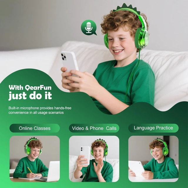 Alt view image 4 of 7 - Kids Dinosaur Headphones with Cord with Mic, 85/94dB Volume Limit sparkly foldable headset, sharing port, tangle-free cord, Kids Wired Headphones for school, tablet, travel, boys and girls