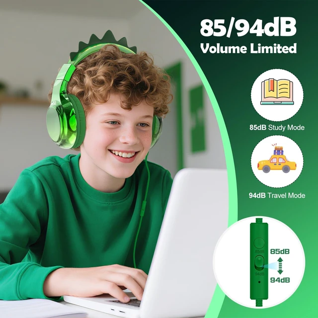 Alt view image 3 of 7 - Kids Dinosaur Headphones with Cord with Mic, 85/94dB Volume Limit sparkly foldable headset, sharing port, tangle-free cord, Kids Wired Headphones for school, tablet, travel, boys and girls