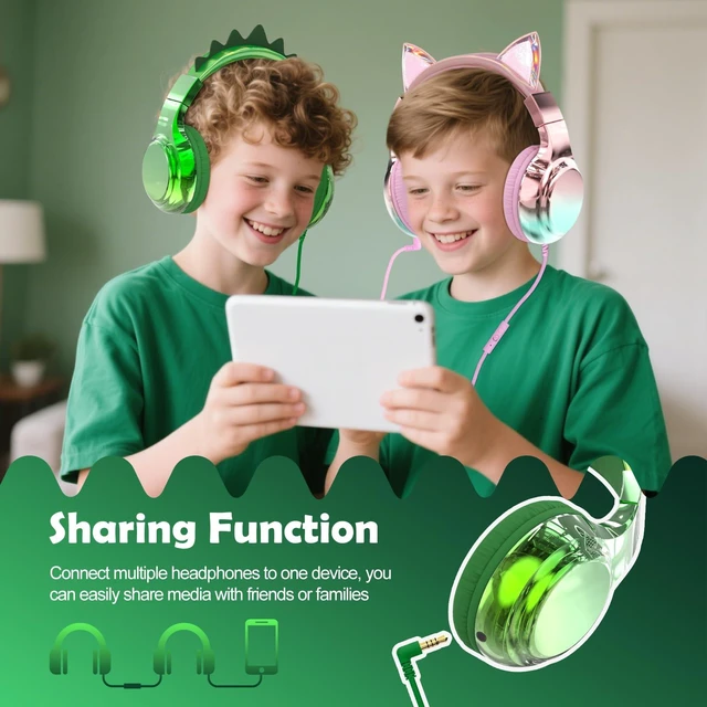 Alt view image 6 of 7 - Kids Dinosaur Headphones with Cord with Mic, 85/94dB Volume Limit sparkly foldable headset, sharing port, tangle-free cord, Kids Wired Headphones for school, tablet, travel, boys and girls