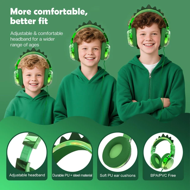 Alt view image 7 of 7 - Kids Dinosaur Headphones with Cord with Mic, 85/94dB Volume Limit sparkly foldable headset, sharing port, tangle-free cord, Kids Wired Headphones for school, tablet, travel, boys and girls