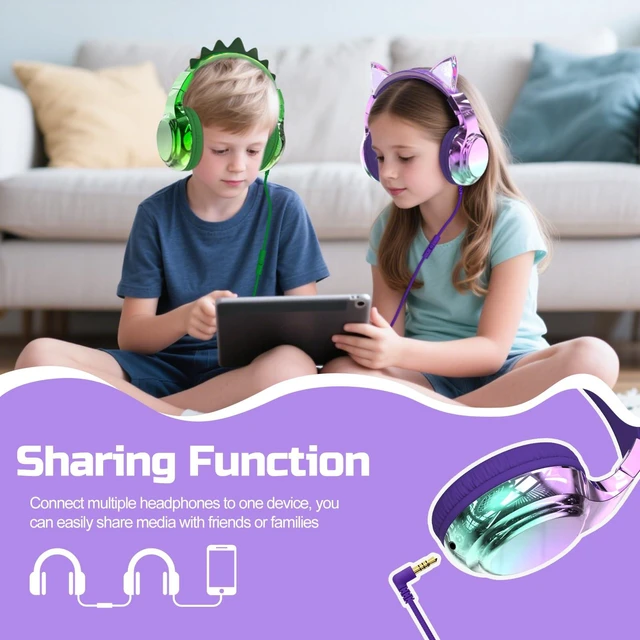 Alt view image 6 of 7 - Kids Cat Ear Headphones with Cord with Mic, 85/94dB Volume Limit sparkly foldable headset, sharing port, tangle-free cord, Kids Wired Headphones for school, tablet, travel, boys and girls