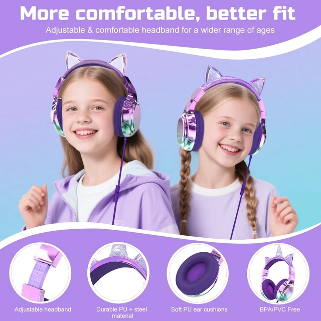 Alt view image 7 of 7 - Kids Cat Ear Headphones with Cord with Mic, 85/94dB Volume Limit sparkly foldable headset, sharing port, tangle-free cord, Kids Wired Headphones for school, tablet, travel, boys and girls