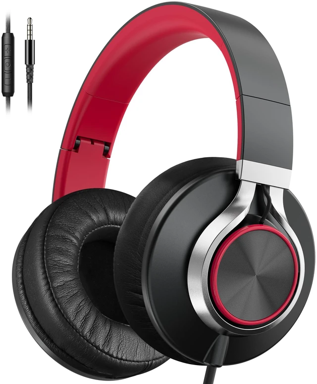 Main image of Wired Headphones with Microphone, Over-Ear Foldable Corded Head Phones with Volume Control 3.5mm Jack for Teens Adult Smartphones Chromebook (Red)