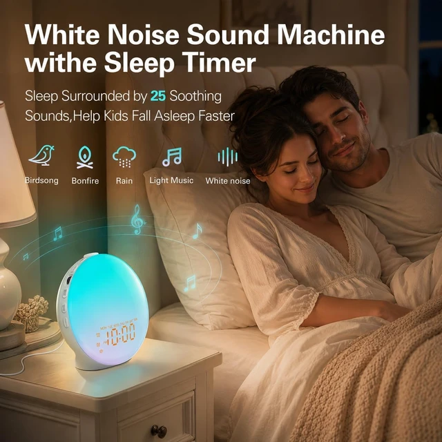 Alt view image 3 of 7 - Full Screen Dimmer Sunrise Alarm Clocks for Bedrooms, Wake Up Light with FM Radio, 25 White Noise Sleep Sounds, Bluetooth Speaker, Dual Alarms Bedside Clock for Heavy Sleepers