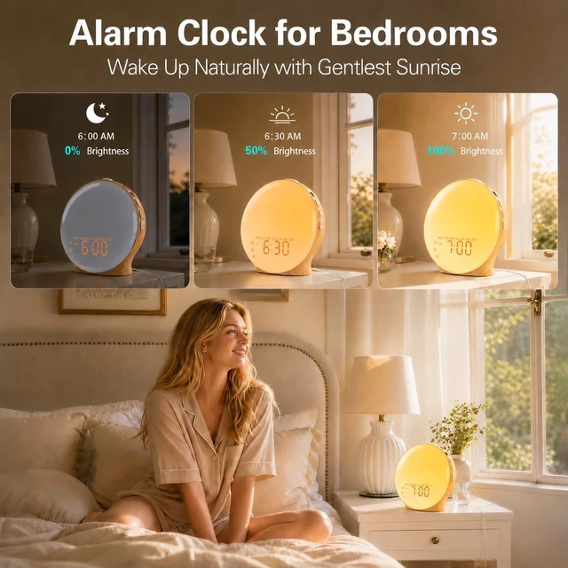 Alt view image 2 of 7 - Full Screen Dimmer Sunrise Alarm Clocks for Bedrooms, Wake Up Light with FM Radio, 25 White Noise Sleep Sounds, Bluetooth Speaker, Dual Alarms Bedside Clock for Heavy Sleepers