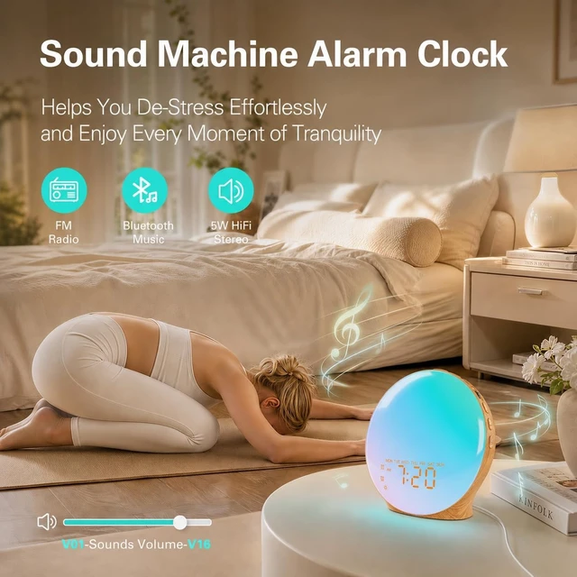 Alt view image 7 of 7 - Full Screen Dimmer Sunrise Alarm Clocks for Bedrooms, Wake Up Light with FM Radio, 25 White Noise Sleep Sounds, Bluetooth Speaker, Dual Alarms Bedside Clock for Heavy Sleepers