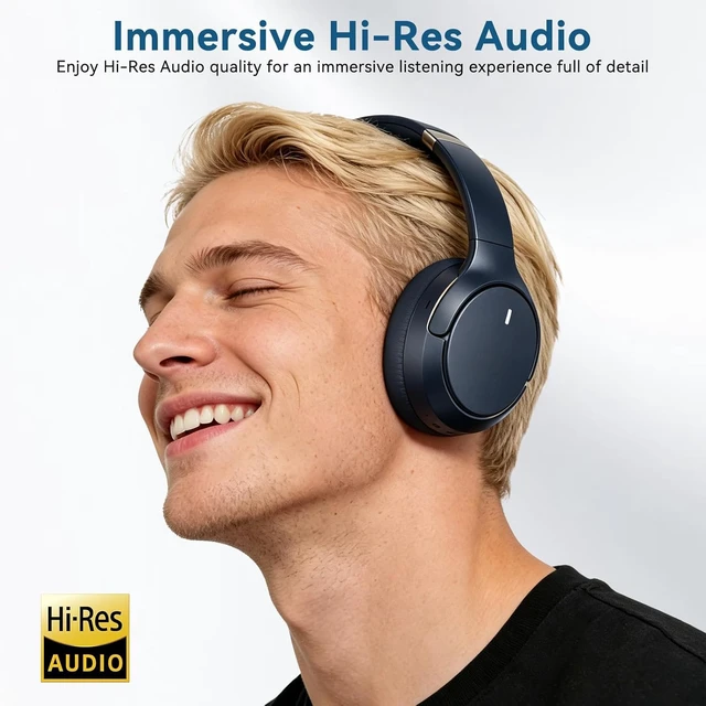 Alt view image 6 of 7 - Hybrid ANC Wireless Over-Ear Headphones, 100H Playtime, Hi-Res Audio, Bluetooth 6.0, Multi-Mode Noise Cancellation, Comfort Fit, iOS & Android Compatible, Foldable Design, Travel-Friendly (Blue)