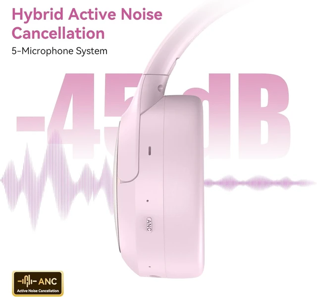 Alt view image 2 of 7 - Hybrid ANC Wireless Over-Ear Headphones, 100H Playtime, Hi-Res Audio, Bluetooth 6.0, Multi-Mode Noise Cancellation, Comfort Fit, iOS & Android Compatible, Foldable Design, Travel-Friendly (Pink)