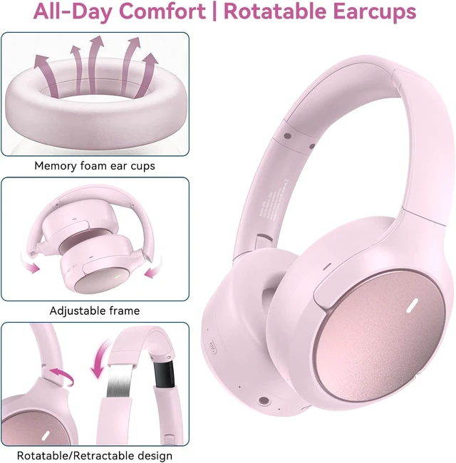 Alt view image 5 of 7 - Hybrid ANC Wireless Over-Ear Headphones, 100H Playtime, Hi-Res Audio, Bluetooth 6.0, Multi-Mode Noise Cancellation, Comfort Fit, iOS & Android Compatible, Foldable Design, Travel-Friendly (Pink)