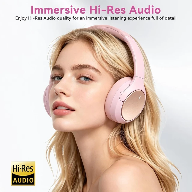 Alt view image 6 of 7 - Hybrid ANC Wireless Over-Ear Headphones, 100H Playtime, Hi-Res Audio, Bluetooth 6.0, Multi-Mode Noise Cancellation, Comfort Fit, iOS & Android Compatible, Foldable Design, Travel-Friendly (Pink)