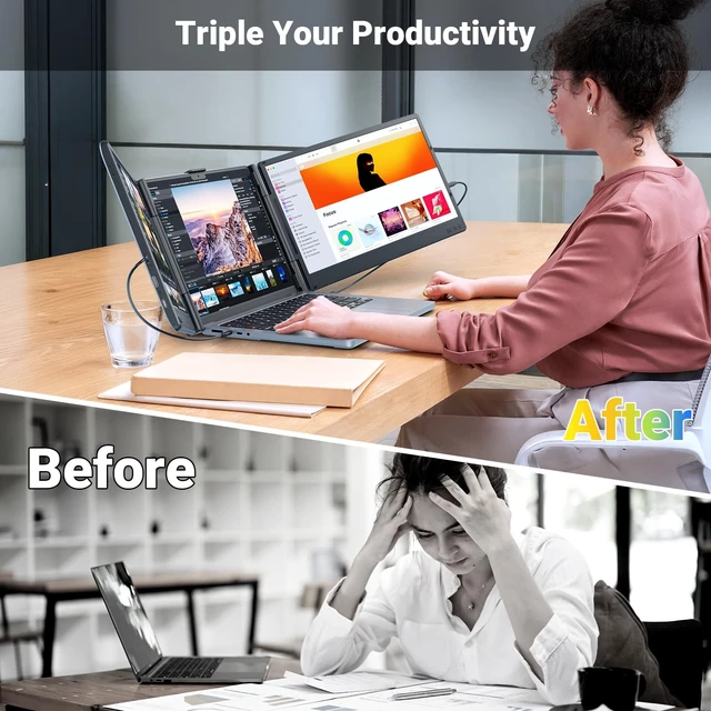 Alt view image 3 of 7 - Laptop Screen Extender, 14" Triple Portable Monitor for Laptop, 1080P FHD IPS Screen Extender Monitors for 13"-17", Travel Monitor for Mac/Windows/Chrome, Built-in Speakers