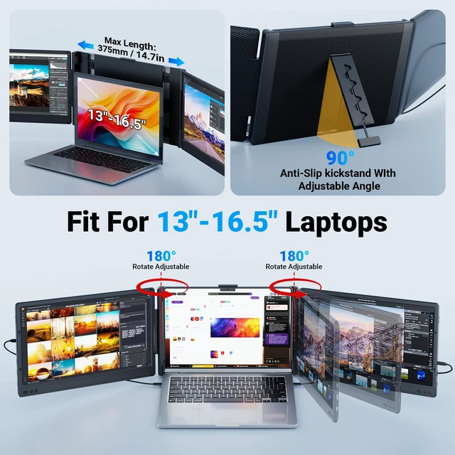 Alt view image 6 of 7 - Laptop Screen Extender, 14" Triple Portable Monitor for Laptop, 1080P FHD IPS Screen Extender Monitors for 13"-17", Travel Monitor for Mac/Windows/Chrome, Built-in Speakers